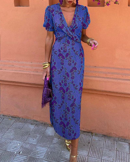 Aria™ - Elegante Abito maxi con Scollo a V e Motivo di Foglie
