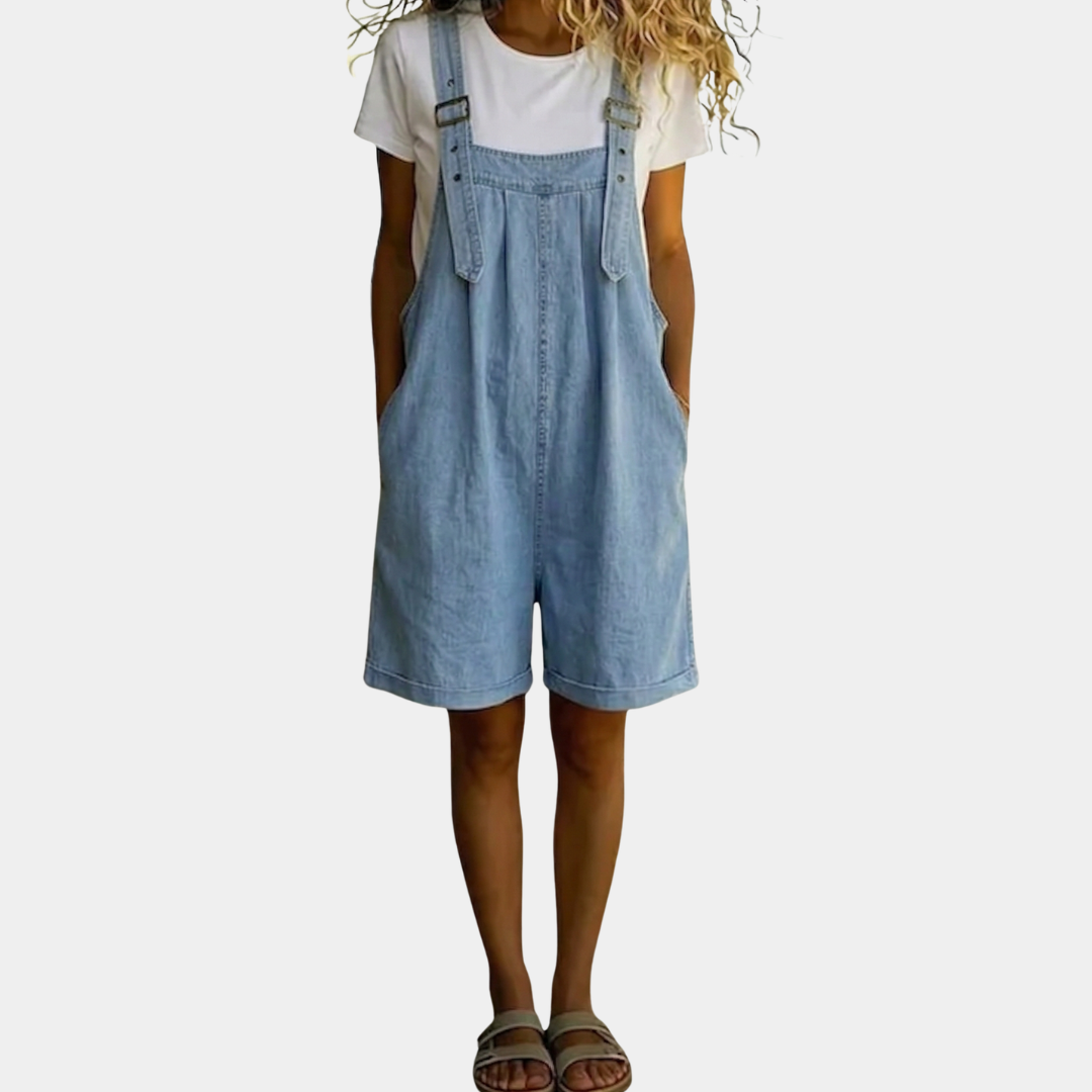 Michelle - Pantalone salopette in denim morbido lavaggio vintage azzurro