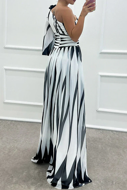 Shiloh - Abito maxi Elegante di Righe con Un Spalla