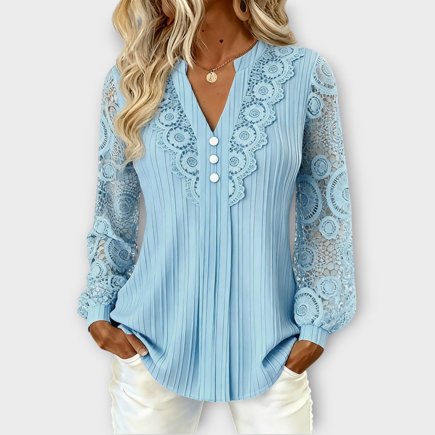 Blusa plissettata con Maniche di Pizzo Elegante