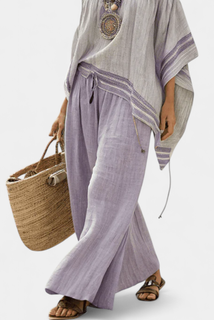 Zandrel | Elegante Top spalle scoperte e Pantaloni Rayados di gamba ampia