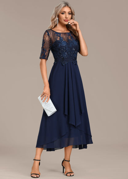 Abito Corto in pizzo Blu navy con Manica corta e Collo rotondo