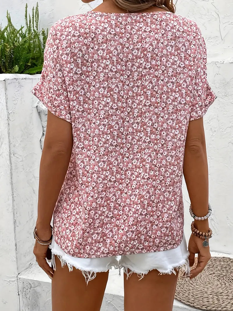 Cindy™ | Blusa di Colore con Collo Notched di Impressione Floreale