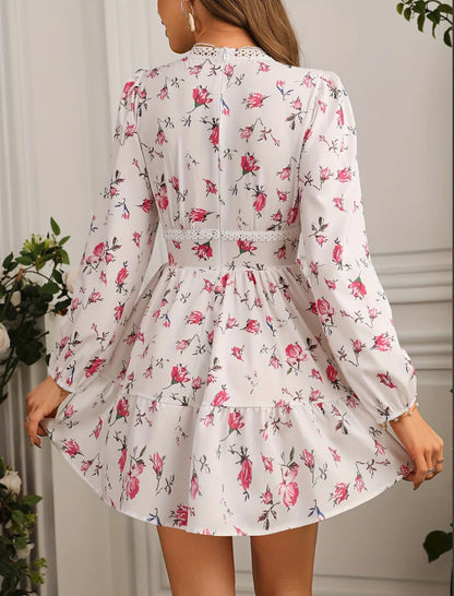 Abito mini Floreale per Donne con Maniche lunghe Abullonadas e Scollo a V