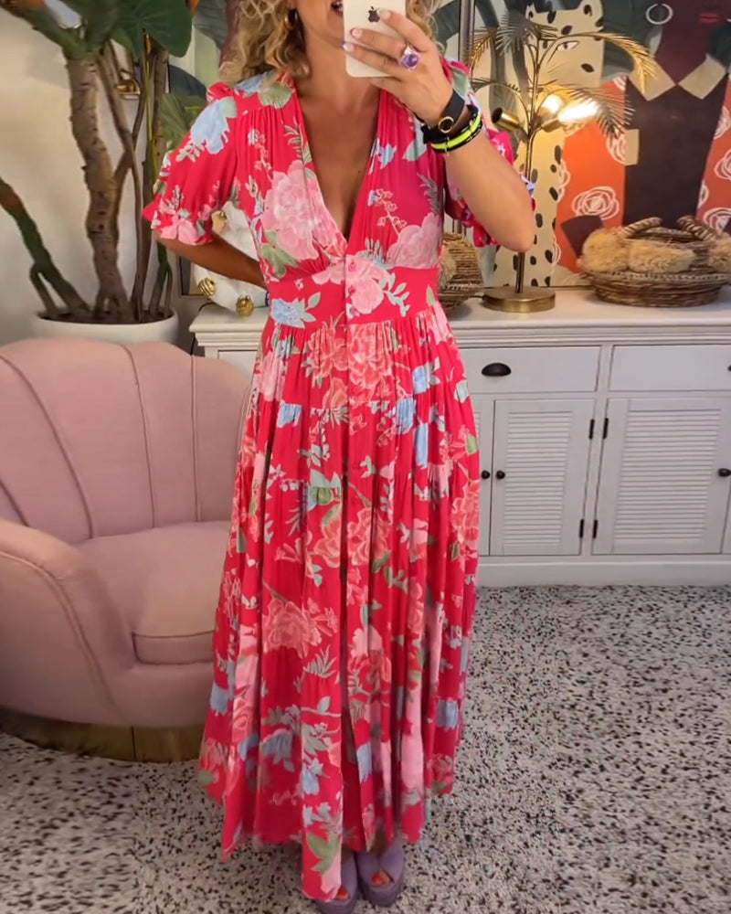 Catrisa ~ Abito Floreale con scollo a V e Tasche
