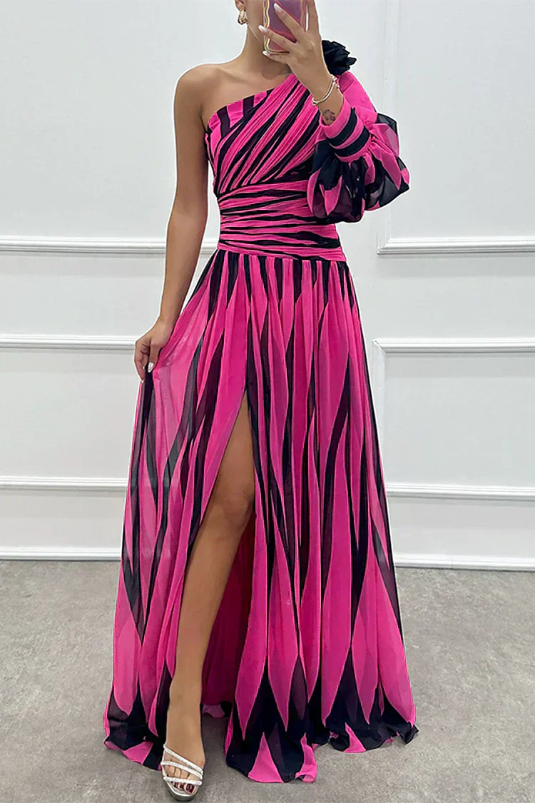 Shiloh - Abito maxi Elegante di Righe con Un Spalla