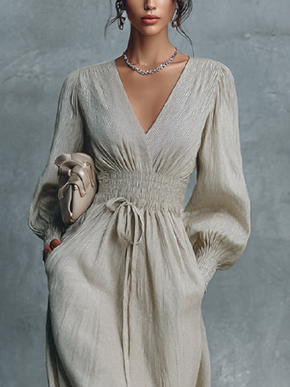 Abito maxi donna Beige in cotone e Lino a righe con scollo a V e Vita Arricciata