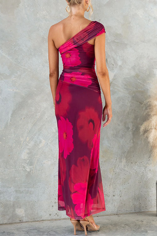 Abito Maxi Bodycon di Rete con Stampato Floreale di Un Hombro