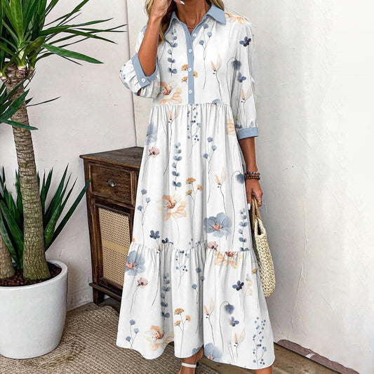 Elvienne | Abito Maxi Fresco con Stampato e Collo
