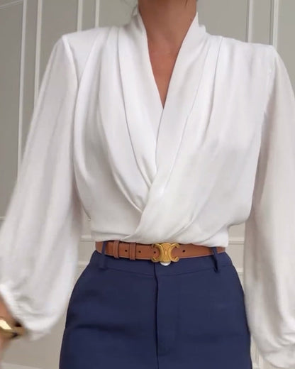 Blusa di Manica Lámpara in Tinta unita con scollo a V