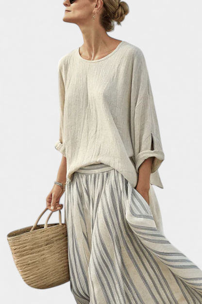 Aurcyn | Blusa Larga e Comoda & Gonna midi A righe