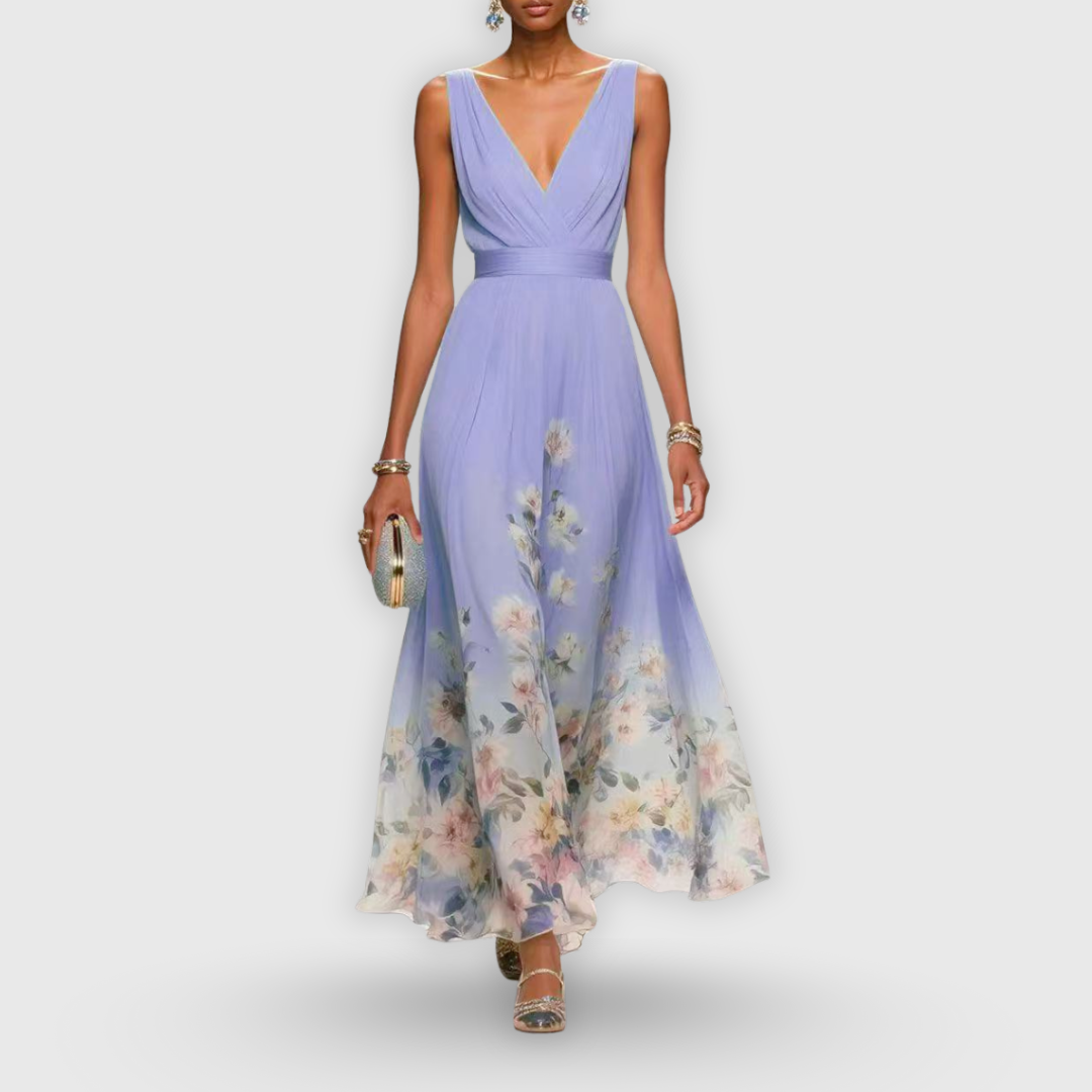 AZZURRO – ABITO MAXI CON SCOLLO A V FLOREALE