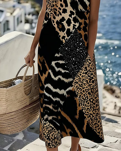 Abito Senza maniche Lunghe di Stampa di Leopardo in Patchwork