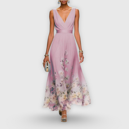 AZZURRO – ABITO MAXI CON SCOLLO A V FLOREALE