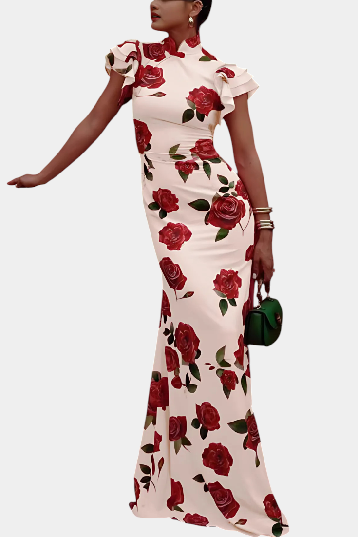 Mayra Abito Qipao con Stampa di Rosas Elegante