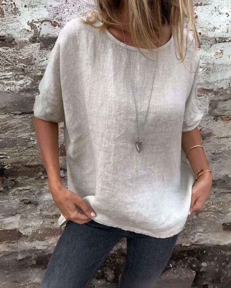 Dahlia - Maglietta Casual di Collo rotondo in cotone e lino