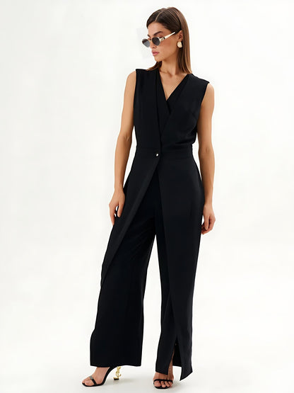 Jumpsuit nero senza maniche con effetto avvolgente e gamba larga