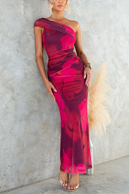 Abito Maxi Bodycon di Rete con Stampato Floreale di Un Hombro