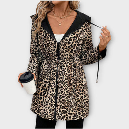 Cappotto reversibile con cappuccio e stampa leopardata