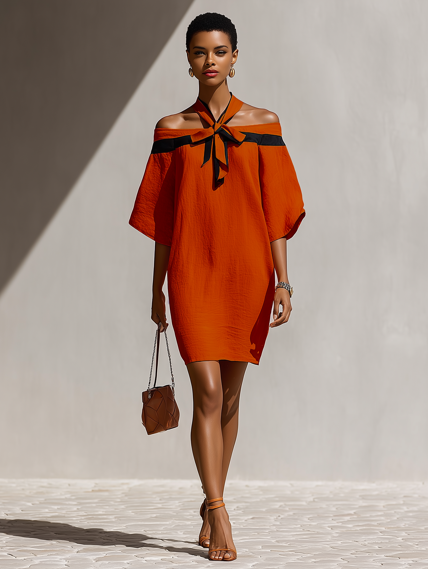 Abito mini Arancione donna Off-Shoulder Con Dettaglio di Collo con Lazo Nero