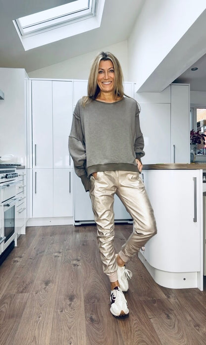 Top Casual di Collo rotondo per Donna + Pantaloni di Cuero