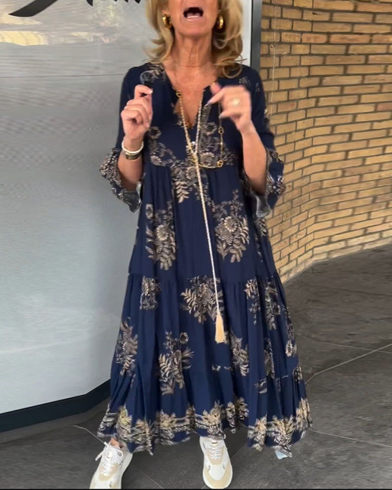 TOVE – ABITO LUNGO DI SETA CON SCOLLO A V BLU NAVY PER DONNE