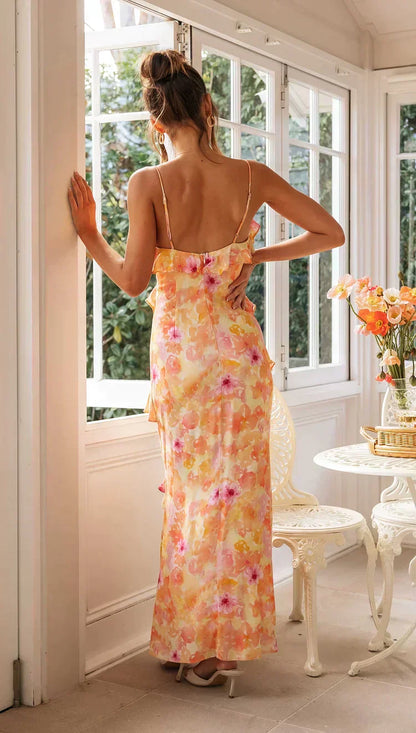 Luneth - Abito Maxi Senza Schiena con scollo a V Floreale