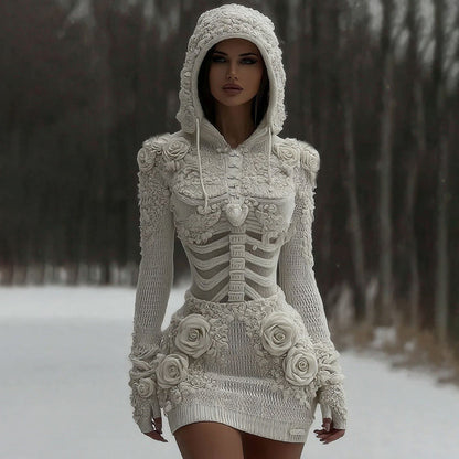 Maglione in maglia con cappuccio di parche di rosa bianca e teschio vintage da donna