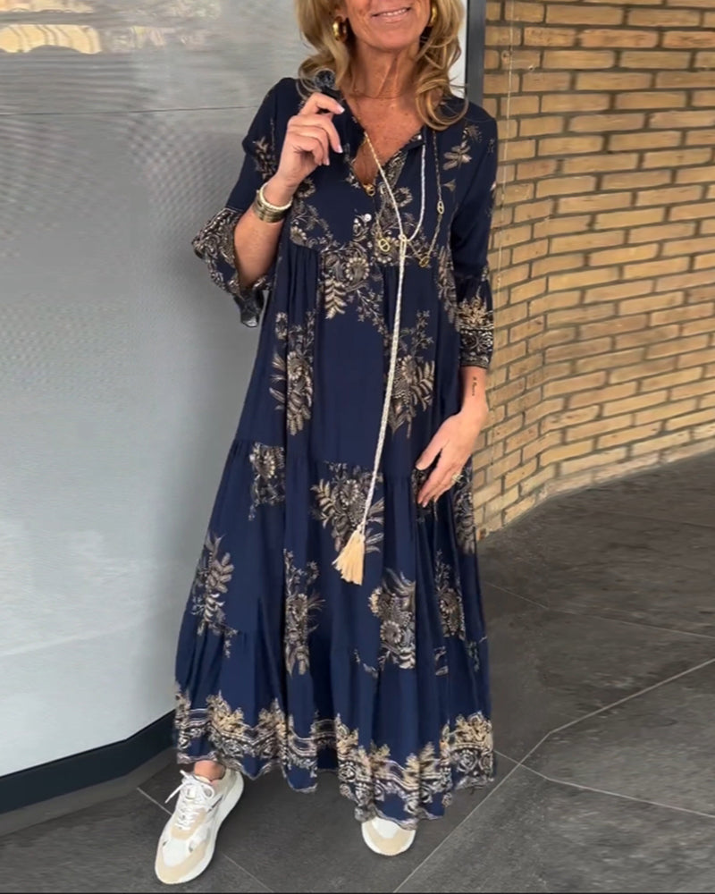 TOVE – ABITO LUNGO DI SETA CON SCOLLO A V BLU NAVY PER DONNE