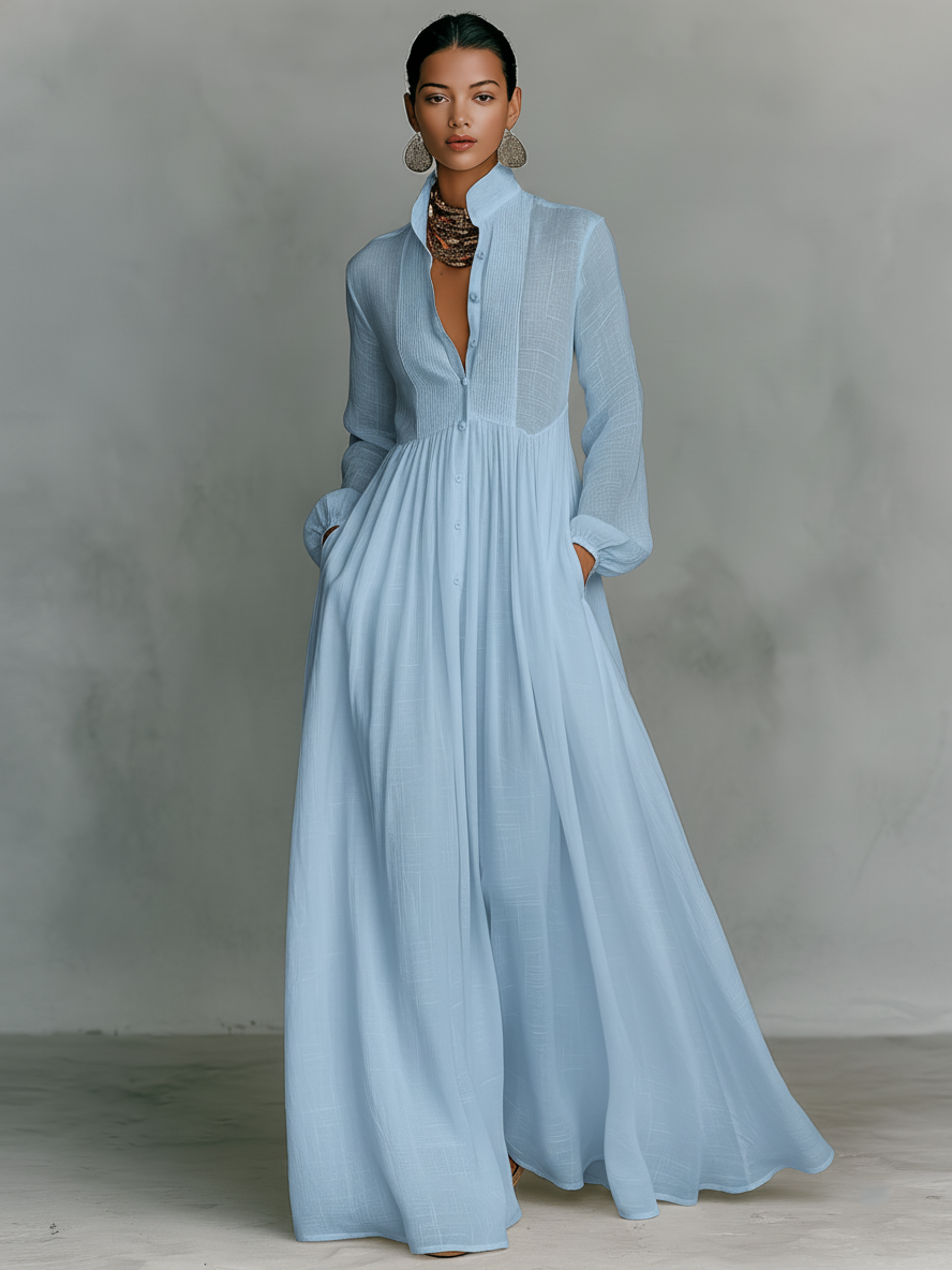 Abito maxi Minimalista in cotone e Lino con Pannelli di Patchwork, Collo alto e Maniche lunghe