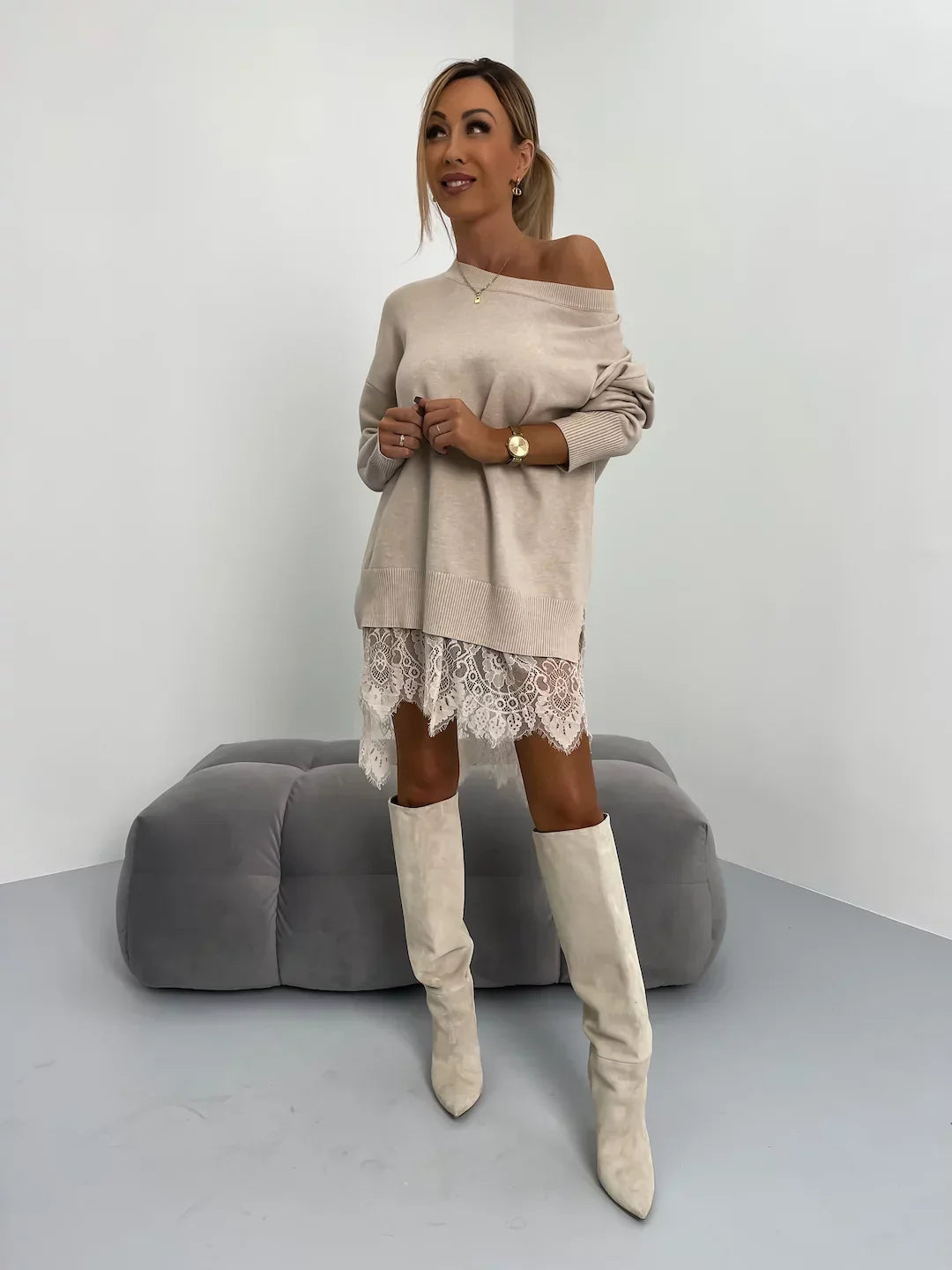 Sudadera Media con Capucha di Pizzo e Girocollo