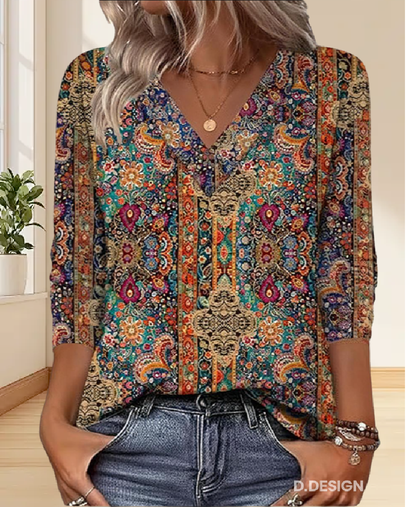 Blusa Retrò Stampata V-Collo