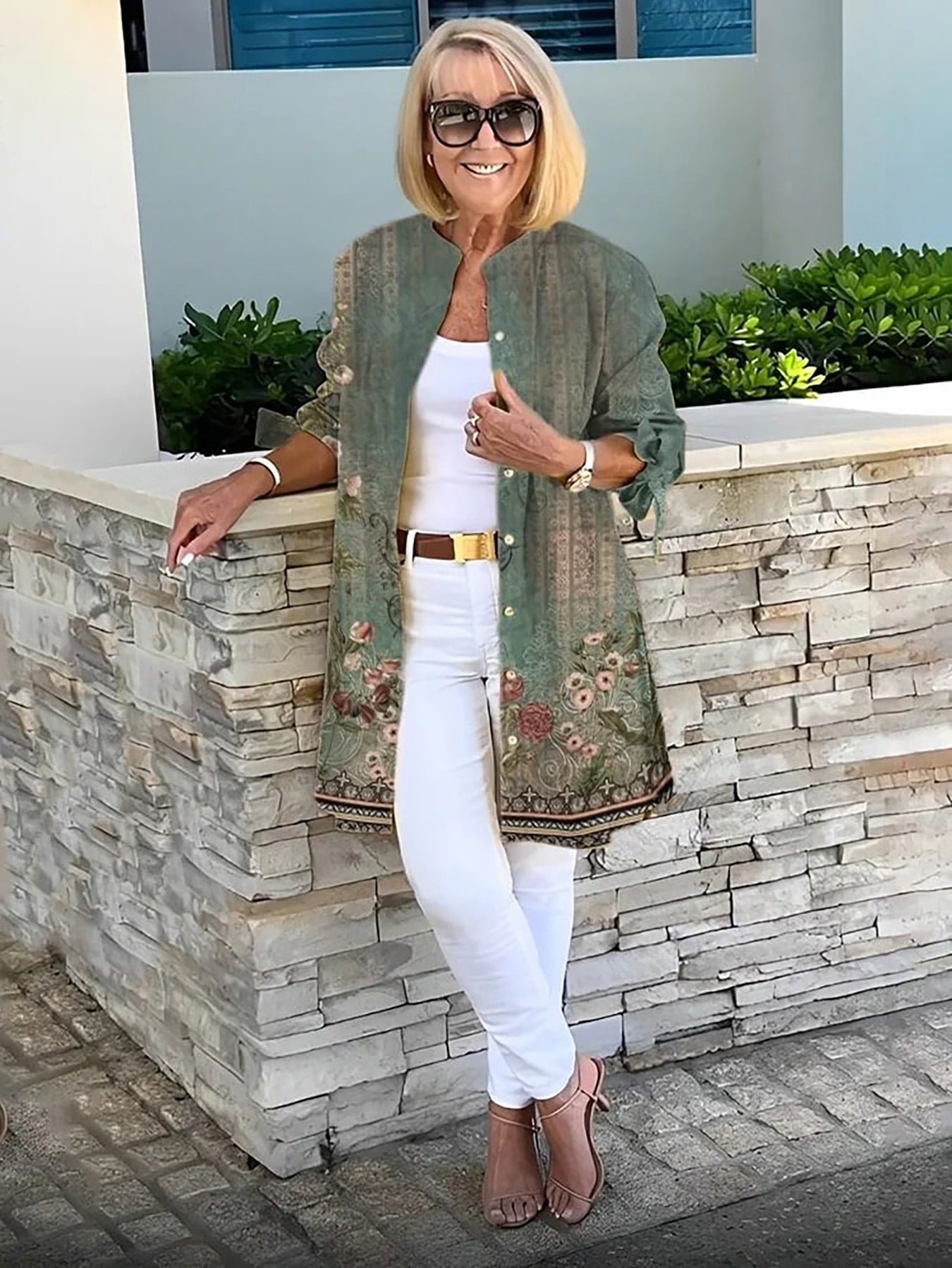 Florabel - Giacca in cotone Stampata con Maniche di Fiocco
