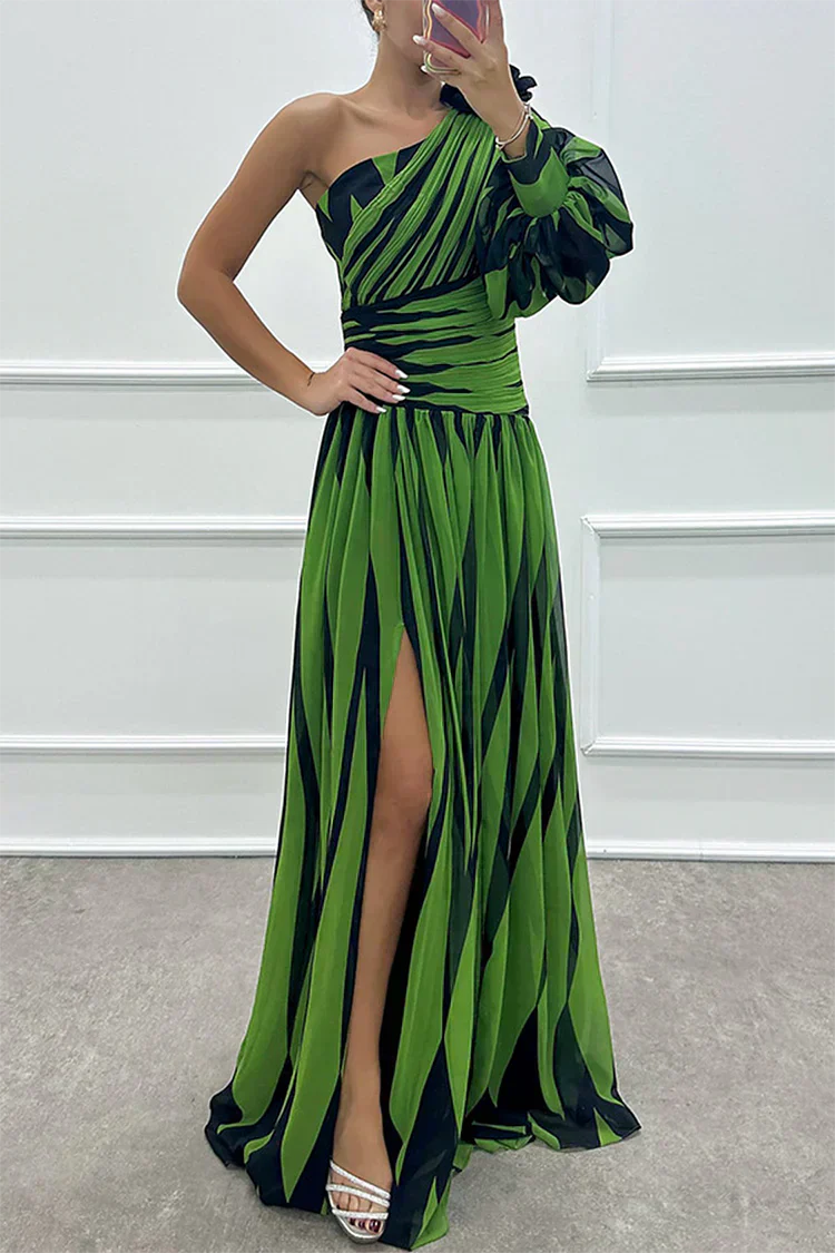 Shiloh - Abito maxi Elegante di Righe con Un Spalla