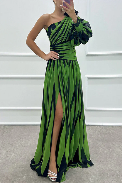 Shiloh - Abito maxi Elegante di Righe con Un Spalla