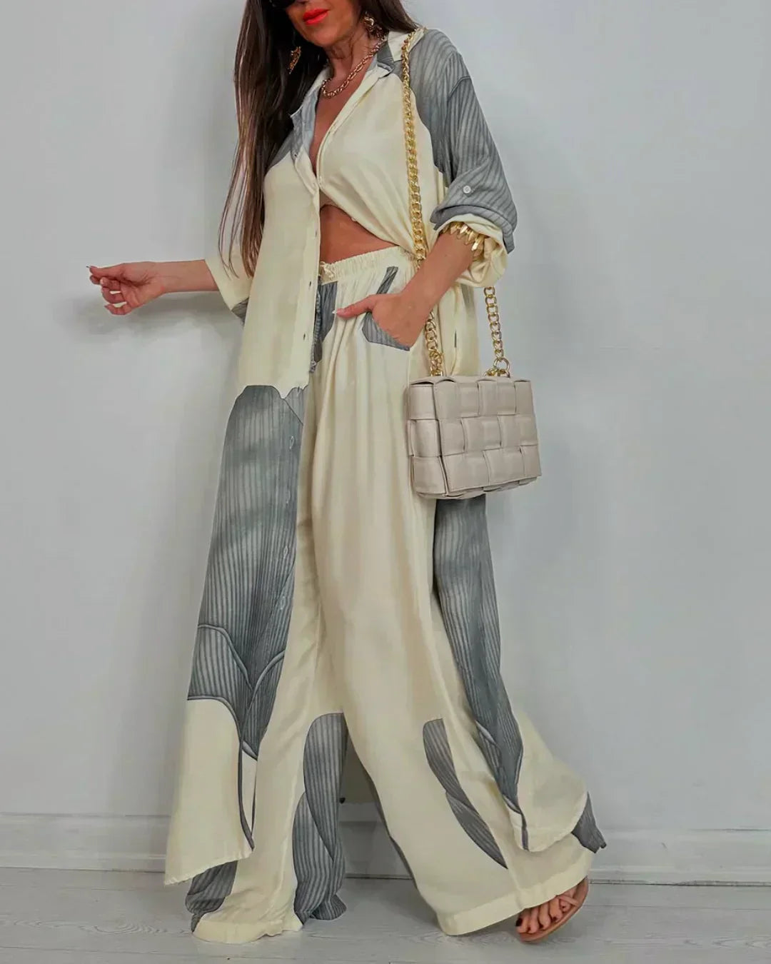 ISABEAU – SET DI TOP IMPRESO DI PATCHWORK TENDENCIA E PANTALONI AMPI
