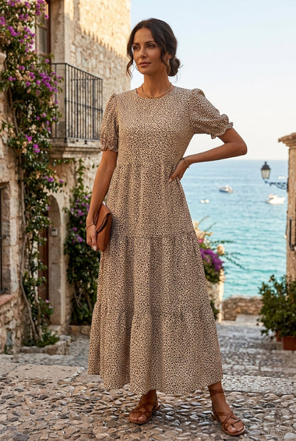 Abito lungo donna - Collo rotondo con Dettagli Fruncidos Elegantes