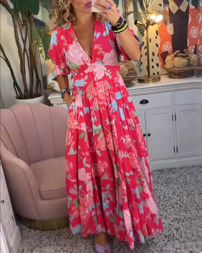 Catrisa ~ Abito Floreale con scollo a V e Tasche