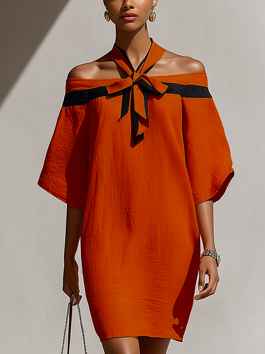 Abito mini Arancione donna Off-Shoulder Con Dettaglio di Collo con Lazo Nero