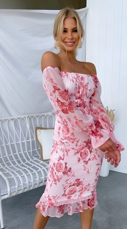 Nadia - Abito midi con Spalle Descubiertos e Vita arricciata Floreale