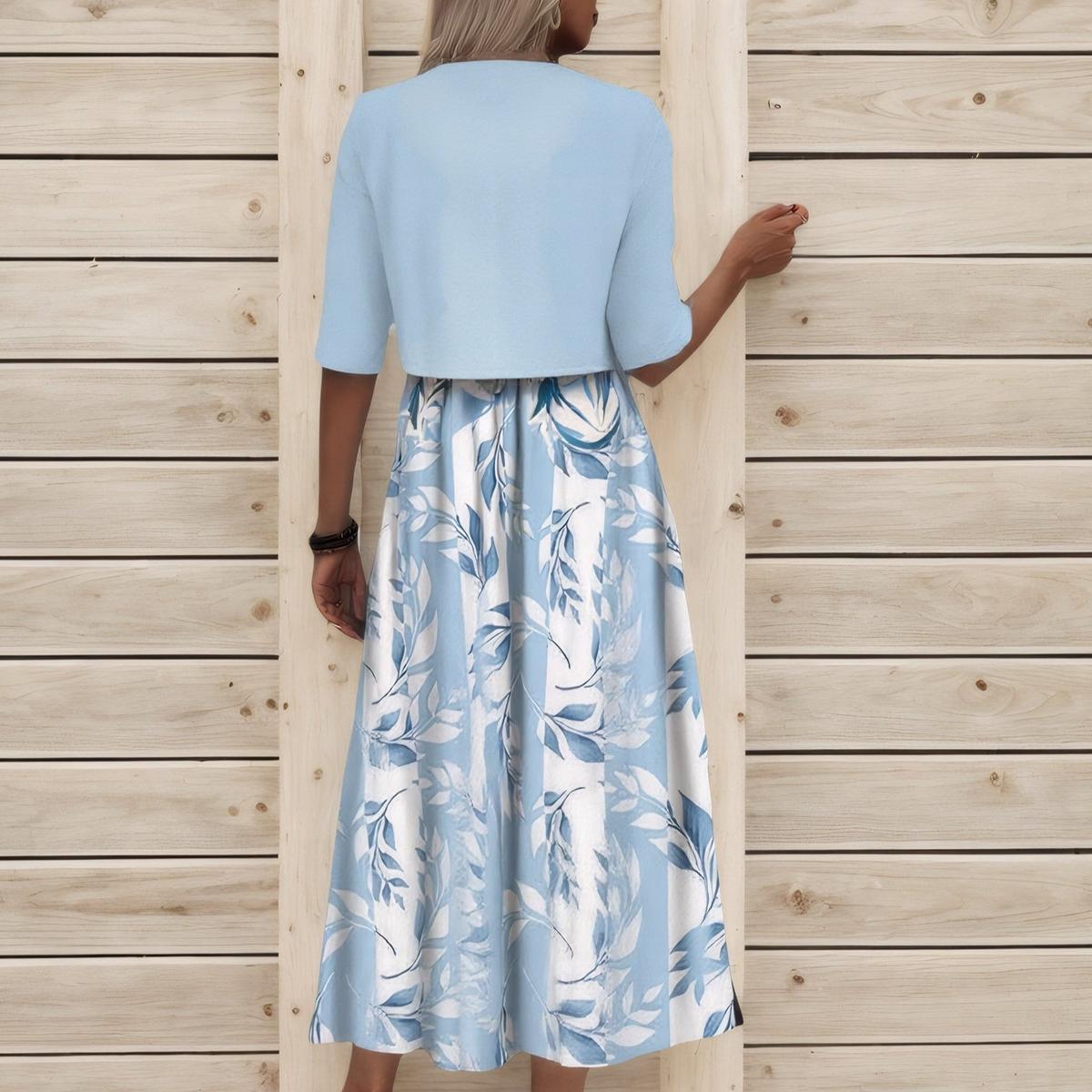 Abito midi Unico con Stampa di Plantas in Blu e Giacca