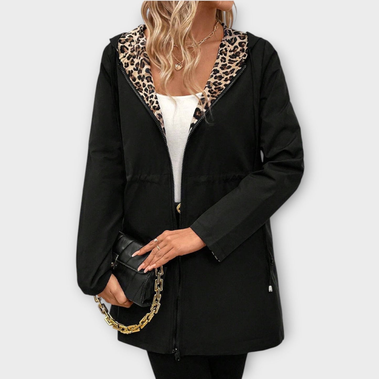 Cappotto reversibile con cappuccio e stampa leopardata