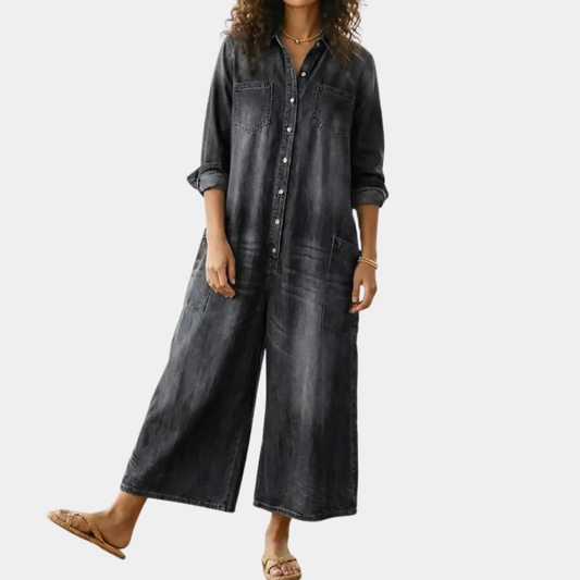 Saylor - Pantalone di Spalline di Denim di Cotone Lavaggio Vintage con Chiusura di Bottone