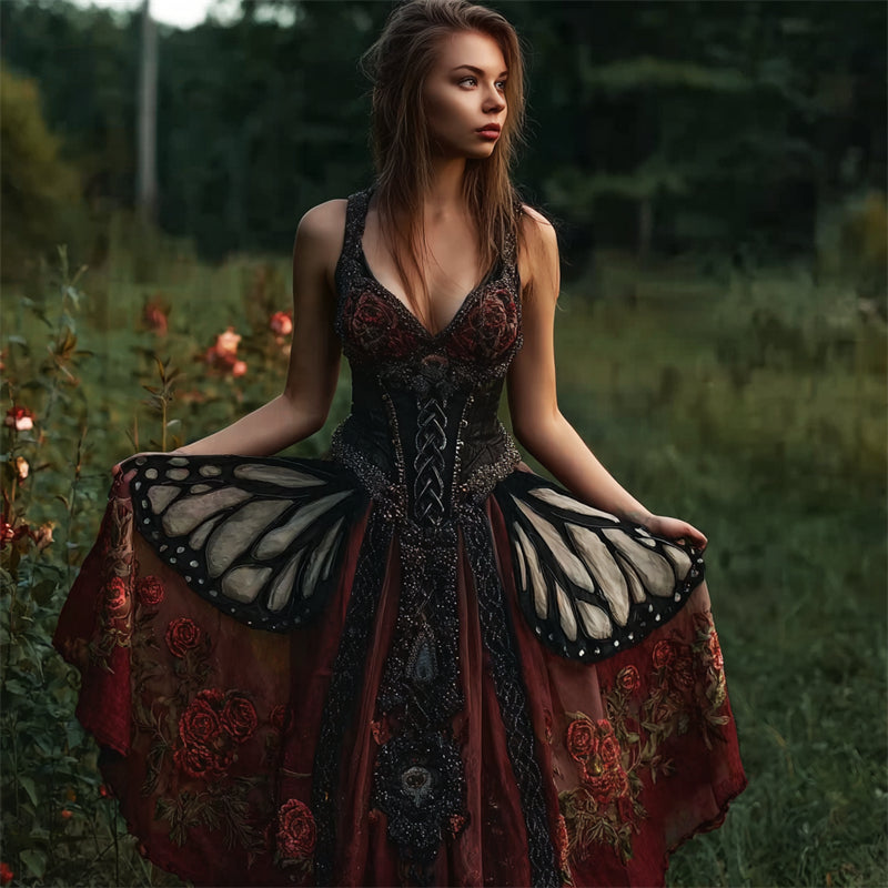 Abito Flowy di Vita Ampia con Lucentezza di Mariposas e Rosas Místicas Vintage