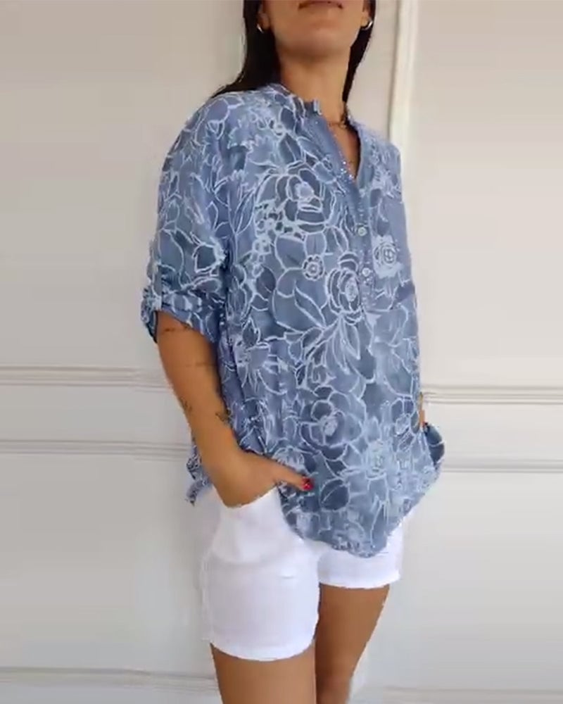 Blusa Stampata Abotonada con collo a V