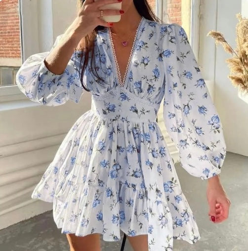Mini Abito Floreale da donna con Maniche lunghe Abullonadas e Scollo a V