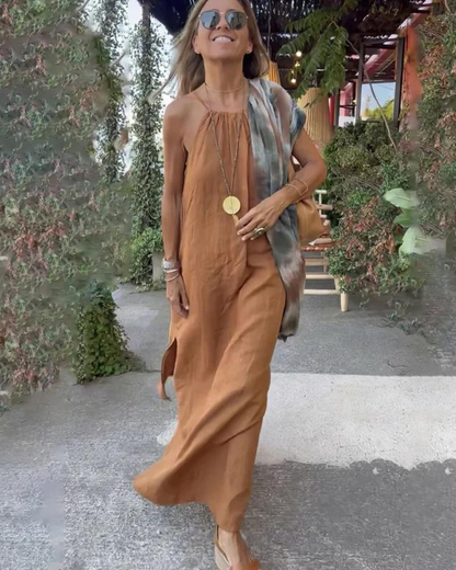 Brynn - Abito Maxi di cotone e lino con Corte Halter da donna