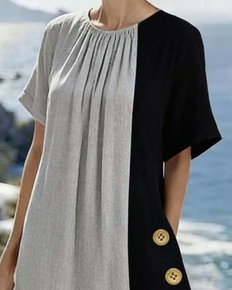 Abito lungo casual con collo rotondo e colore in contrasto