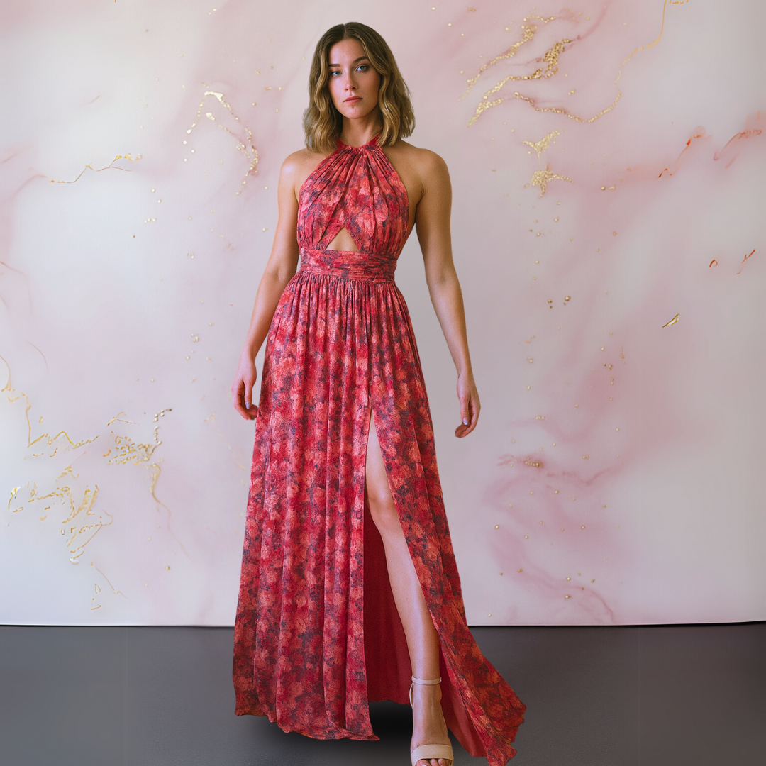 Vania – Elegante abito maxi floreale con espalda descubierta