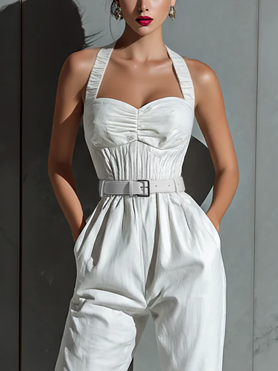 Jumpsuit ampio In cotone E Lino Colore Marfil Con Vita Delgada Per donna
